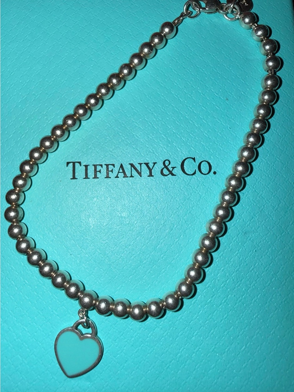 Tiffany & Co. Sterling Silver Bead Bracelet with Blue Heart Tag Charm